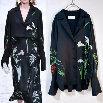 마메쿠로구치 18AW 백합 자수 셔츠 블라우스 긴팔 블랙 꽃무늬