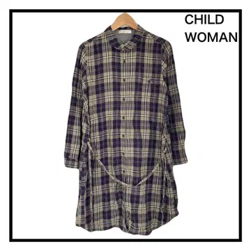 차일드우먼 린넨 혼방 롱 기장 셔츠 체크 코튼 끈 포함 긴팔