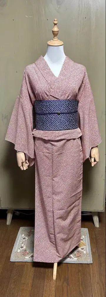 세탁 가능한 코몬 히토에 기모노와 반폭 오비 세트