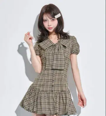 Darich 다리치 빅 리본 벌룬 체크 미니 원피스 BEG