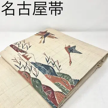나고야 오비 순수 실크 지 생지 화이트 홍형 문양 염색 새 풍경 경치