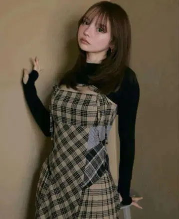 and mary Nadia 체크 롱 드레스 베이지