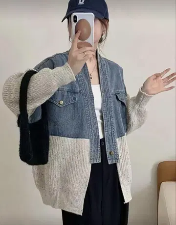 데님 니트 가디건 긴팔 귀여운