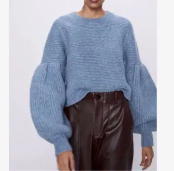 ZARA 자라 퍼프 슬리브 볼륨 니트 라메 블루