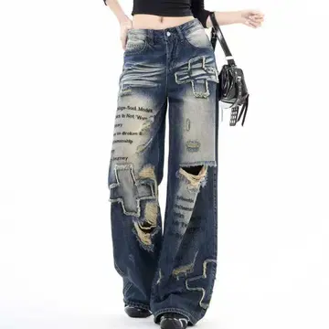 Y2K 그런지 계열 데미지 가공 크로스 데님 와이드 M