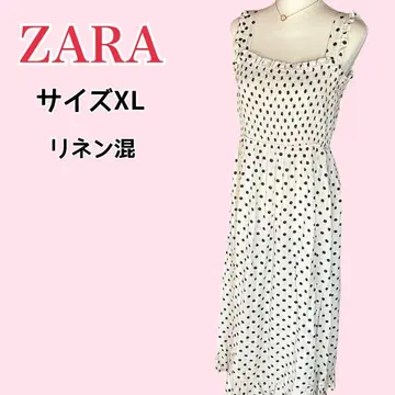 ZARA 도트 무늬 플레어 셔링 롱 원피스 XL 린넨 혼방