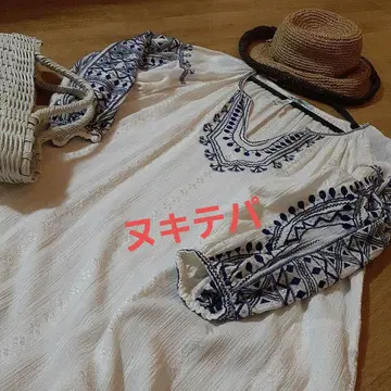 누키테파 원피스 자수 커프스 원피스