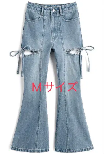 GRL M 사이즈 사이드 컷 아웃 리본 플레어 데님