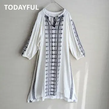 TODAYFUL / 인도 면 자수 풍부한 원피스 화이트 네이비