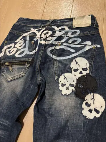 RED PEPPER 스컬 자수 데님 팬츠 플레어 데님 그런지 w32