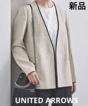새상품 UNITED ARROWS 파이핑 V 노카라 자켓 린넨