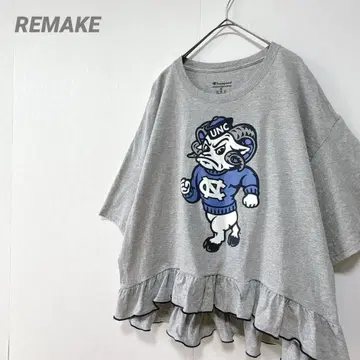 구제 의류 리메이크 프린트 T셔츠 그레이 라운드 헴 개더 프릴 멜로우