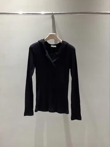한국 패션 후드 부착 리브 긴팔 티셔츠 얇은 소재 블랙