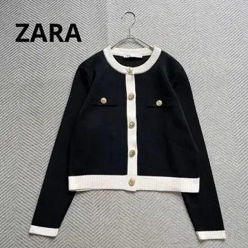 새상품급 ZARA 크루넥 가디건 골드 버튼 바이컬러 M 상당 화이트 블랙