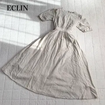 ECLIN 베이지 반팔 롱 원피스 백 허리 오픈 원피스