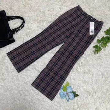 미사용 새상품 DKNY 캐주얼 팬츠 체크 빨간색 네이비 면 크롭 XS