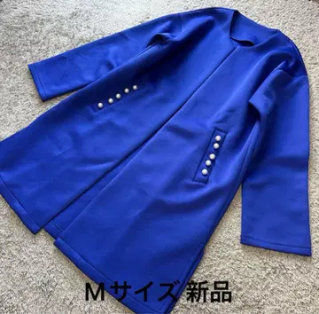 포켓 장식 펄 노카라 롱 코트 파랑 M 새상품