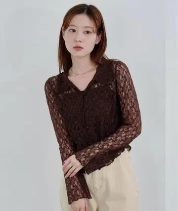 kastane 카라 달린 레이스 풀오버 브라운 셔츠 블라우스 가디건
