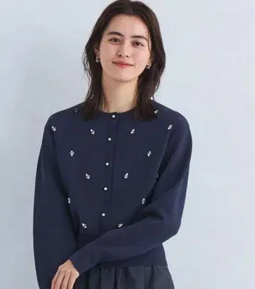 그린 라벨 도트 비쥬 니트 가디건 워셔블 네이비
