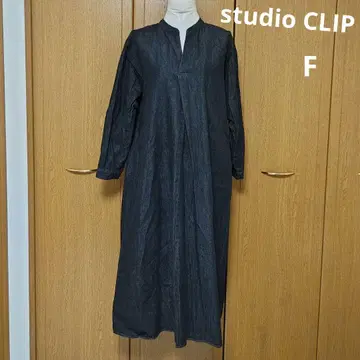 studio CLIP 블랙 긴팔 V넥 롱 원피스 F
