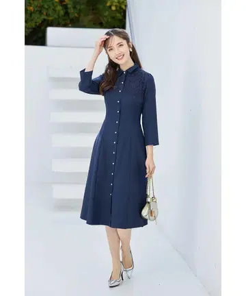 요크 레이스 절개 백 레이스업 셔츠 원피스 네이비