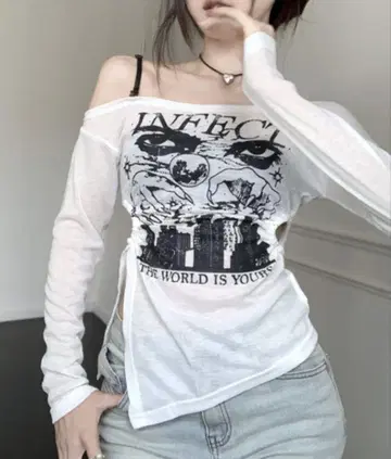 Riff 오프숄더 그래픽T셔츠 화이트