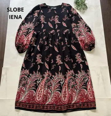 새상품급 SLOBE IENA 페이즐리 무늬 롱 원피스 퍼프 슬리브 블랙