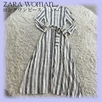 ZARA WOMAN 린넨 레이온 혼방 스트라이프 셔츠 롱 원피스