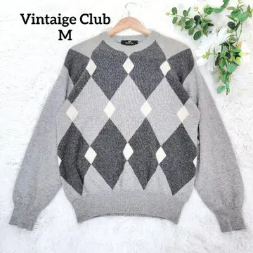 빈티지 클럽 남성용 긴팔 니트(M) 캐시미어 아가일 무늬 그레이
