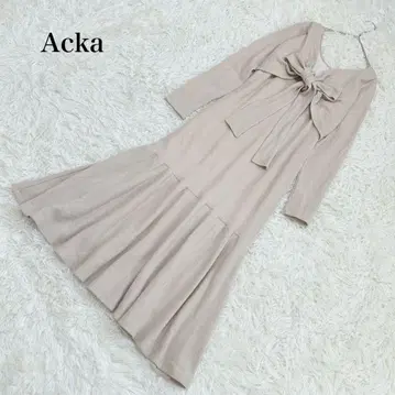 ACKA 니트 롱 원피스 리본 플레어 긴팔 일본제 울