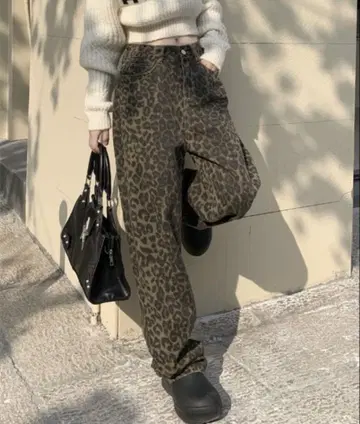 레오파드 무늬 와이드 데님 팬츠