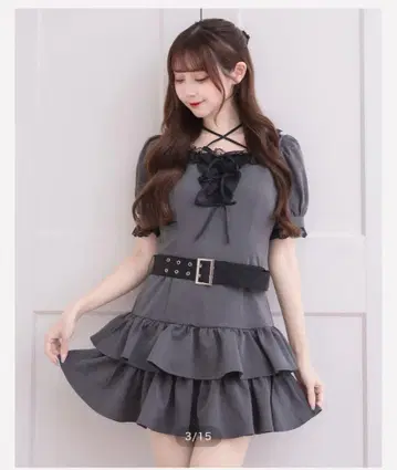pium 레이스 프릴 티어드 미니 원피스 차콜