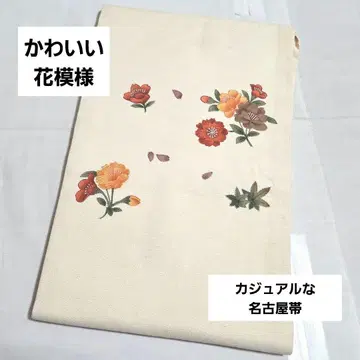 A 귀여운 꽃 무늬 자수 북 순수 실크 샤락 오비 캐주얼 나고야 오비