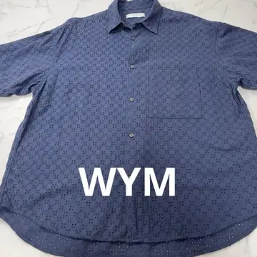 WYM 반팔 셔츠 다크 블루 자수 버튼 다운 셔츠