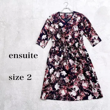 ensuite 플라워 프린트 원피스 무릎 기장 사이즈 2 허리 끈 리본