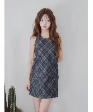 darich 바이어스 체크 데님 미니 원피스