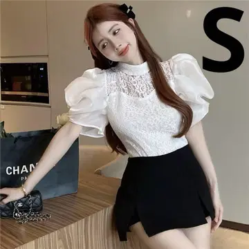 볼륨 슬리브 화이트 반팔 상의 S 사이즈 여성용