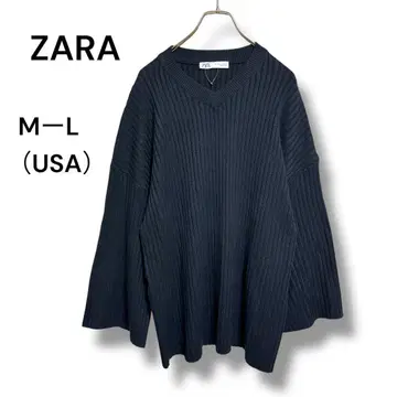 ZARA 리브 편직 V넥 니트 드롭 숄더 M-L 루즈핏 다크 네이비