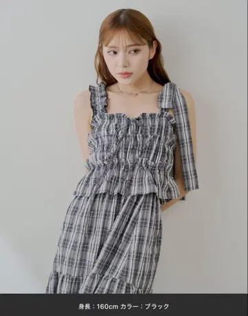 Chico 아지메 끈 디자인 체크 무늬 셔링 롱 원피스