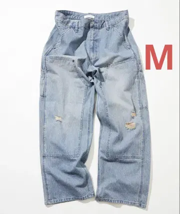 와이드 실루엣 데미지 가공 더블니 히코리 데님 팬츠