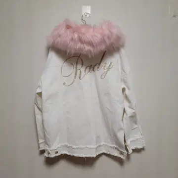 [ 새상품급 ] Rady 백 골드 로고 데님 자켓 핑크 퍼 옷깃 F
