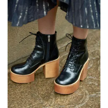 AMERI 아메리 레이스업 통굽 부츠 블랙 23cm 힐 10cm