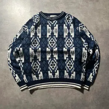 빈티지 블루 올 패턴 기하학 민족 무늬 디자인 니트 스웨터