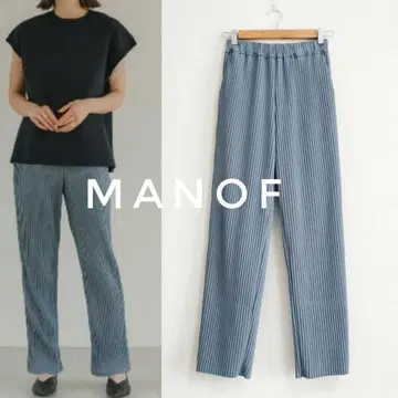 새상품급 MANOF 라운드 플리츠 스트라이프 팬츠 리브 팬츠 블루 마노프