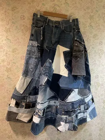 리메이크 데님 패치워크 롱 스커트