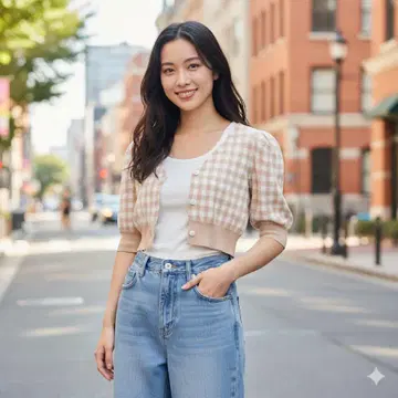 데이시 DEICY 깅엄 체크 패턴 반팔 크롭 가디건 5884
