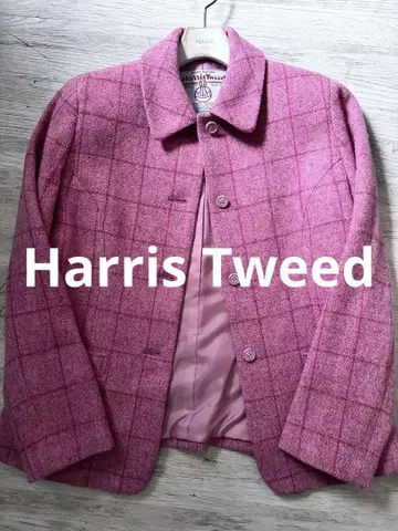 Harris Tweed 핑크 체크 무늬 트위드 레트로 옷깃 자켓