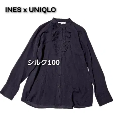 새상품급 INES x UNIQLO 실크 100 프릴 블라우스 블랙 L