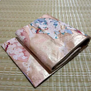 후쿠로 오비 순수 실크 육통 무늬 부채 무늬 꽃무늬 핑크 계열