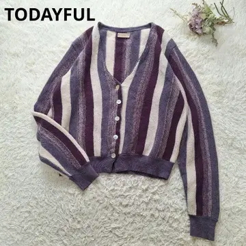 투데이풀 Vintage 스트라이프 가디건 퍼플 계열 쉘 단추 프리